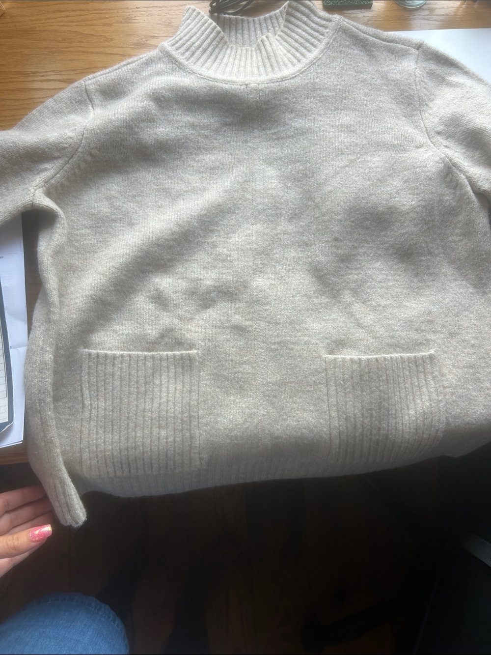 C&C California Cream Mock-Neck Sweater with Patch Pockets